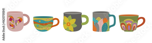Set of various ceramic mugs. Cute cups different shapes with colorful ornaments. Dishes for tea and coffee. Hand drawn color vector illustration isolated on white background, flat cartoon style.