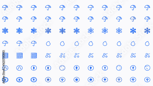 Vector  blue line art pattern featuring umbrellas, snowflakes, water drops, lines, and other doodle shapes