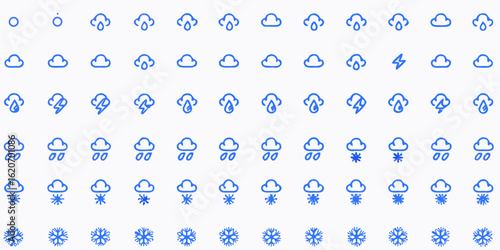 Vector  illustration showing an array of weather icons including clouds rain lightning and snowflakes in blue color
