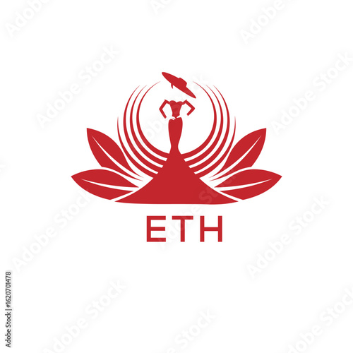 ETH Letter Logo. ETH Fashion Logo with Elegant Woman Silhouette, Hat, and Leaf Motif  Boutique, Beauty, or Event Branding Design.
