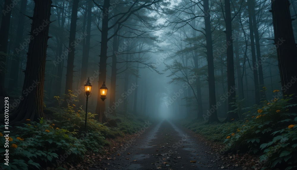 Fototapeta premium Close up Lighted Lantern on Path Through Foggy Forest