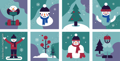 Flat Design Illustration Set Winter Weather Icons & Characters