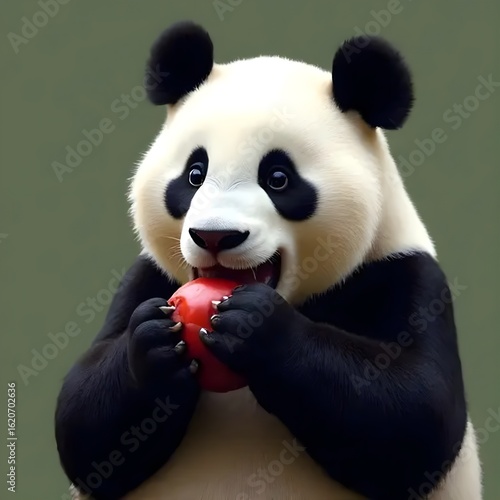 A cute panda appears holding a red apple.
