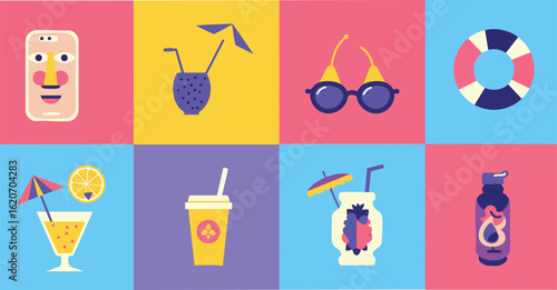 Flat Design Illustration Set Summer Beach Holiday Drinks Icons