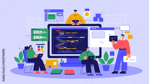 Team of developers collaborating on code and design in a digital workspace setting