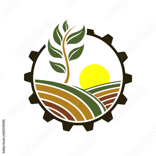 Modern Rural Development Logo with Gear, Plant, Fields, and Rising Sun – Symbol of Agricultural Engineering, Sustainability, Farm Innovation, and Smart Village Progress through Technology and Nature