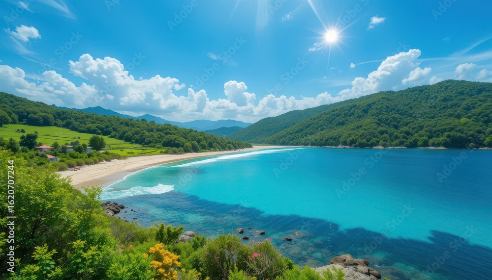 Obraz premium Close up Landscape with Lush Greenery and Clear Blue Water Under Bright Sunny Sky
