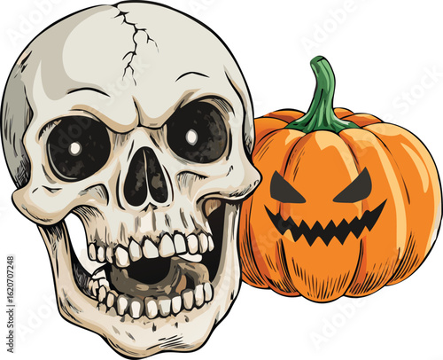 Horror Halloween vector illustration of a scary pumpkin with a skull and bones