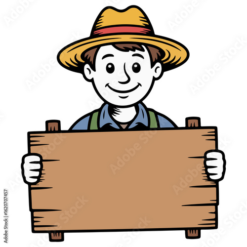 A farmer holding a wooden sign transparent png vector