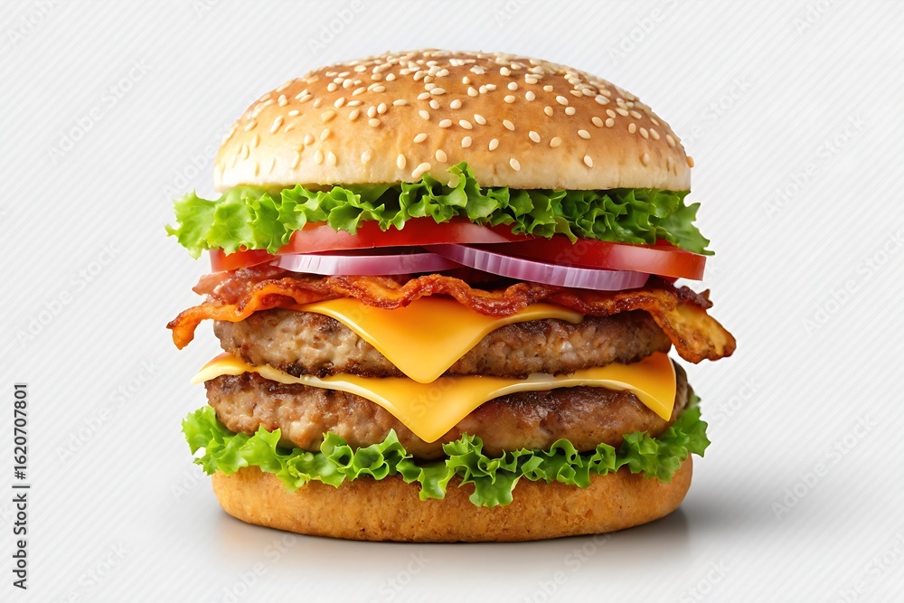 A delicious double cheeseburger with bacon, lettuce, tomato, and onion, isolated on white background, showcasing the layers of ingredients and the sesame seed bun in a studio shot A delicious double cheeseburger with bacon, lettuce, tomato, and onion, isolated on white background, showcasing the layers of ingredients and the sesame seed bun in a studio shot