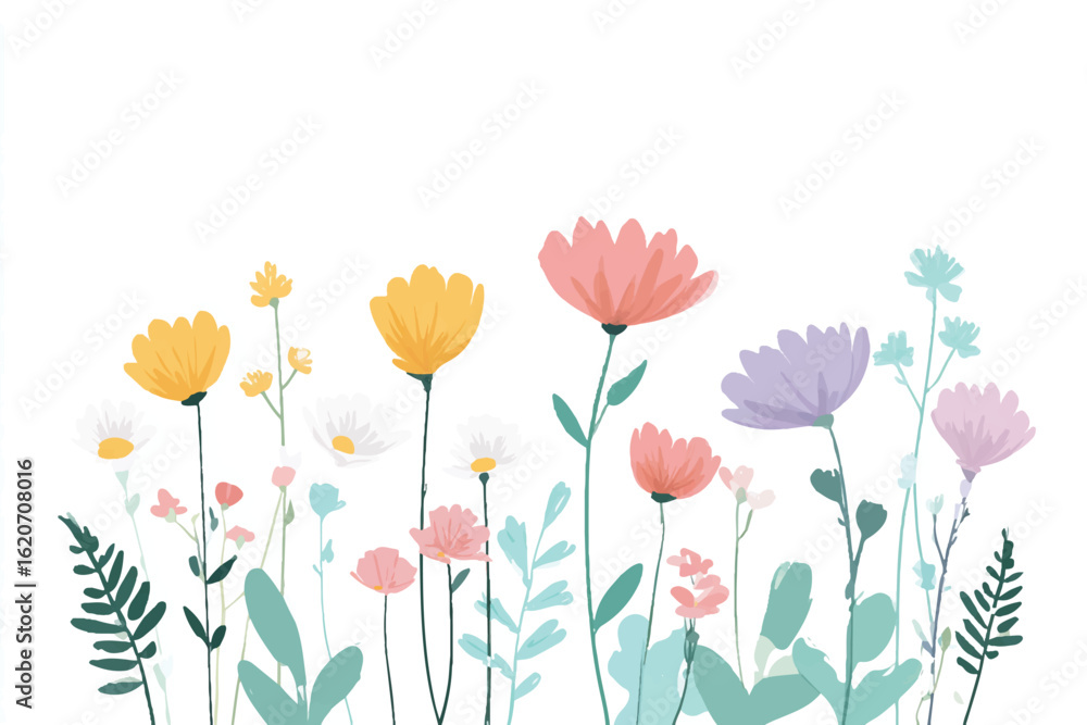 Naklejka premium Delicate Watercolor Flower Meadow Illustration with Pastel Colors for Springtime Designs and Botanical Art Projects with a White Background