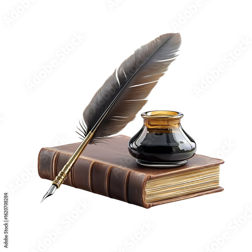 feather quill and ink pot resting on a book on transparent background.