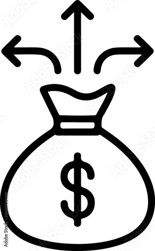 Money bag with dollar sign and arrows pointing in different directions symbolizing financial distribution