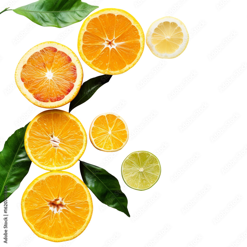 Citrus slices arranged on dark background. Vibrant slices of orange, grapefruit, lemon, and lime. Fresh leaves surround the fruit Citrus slices arranged on dark background. Vibrant slices of orange, grapefruit, lemon, and lime. Fresh leaves surround the fruit