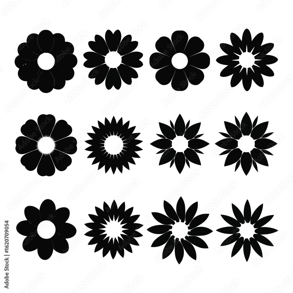 Art of collection of twelve black floral shapes with varying petal designs, isolated on white background Art of collection of twelve black floral shapes with varying petal designs, isolated on white background