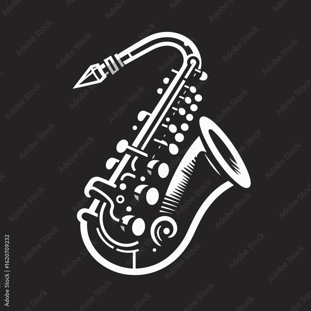Naklejka premium Stylized saxophone illustration in bold black and white design, perfect for music and jazz themes