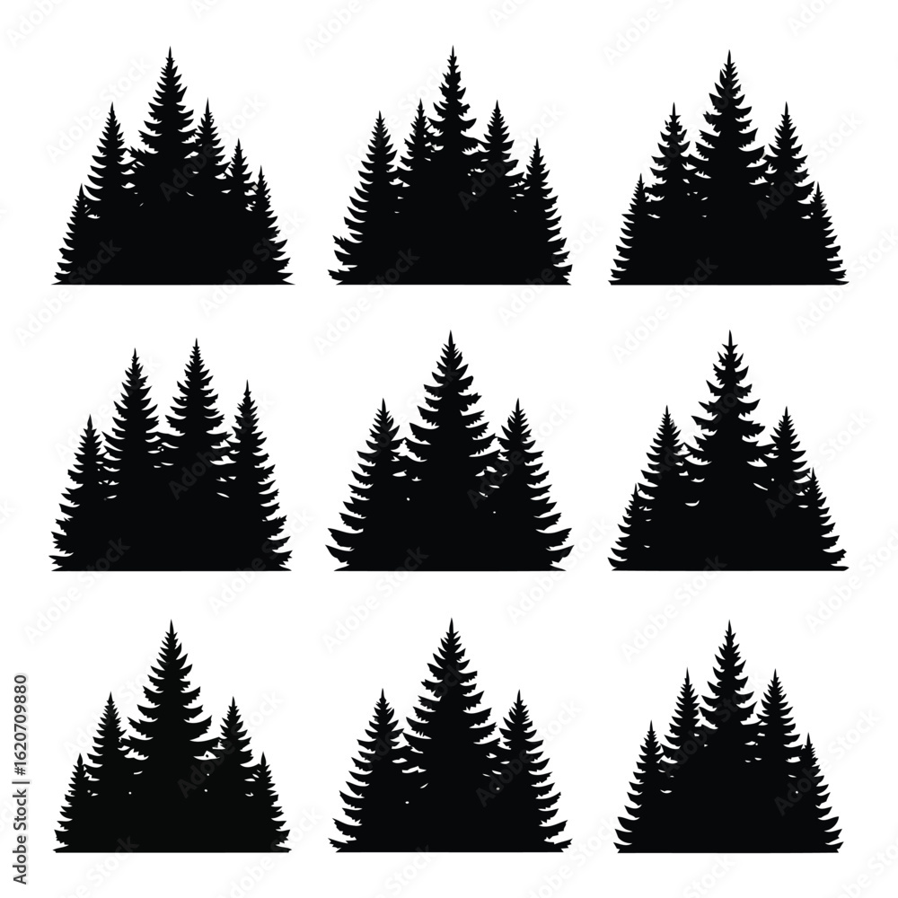 Obraz premium Art of collection of nine stylized black pine tree silhouettes isolated on a white background, representing a forest landscape