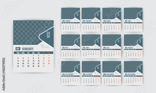 2026 calendar template. Calendar concept design with abstract natural patterns. Set of 12 months 2026 pages. Vector illustration