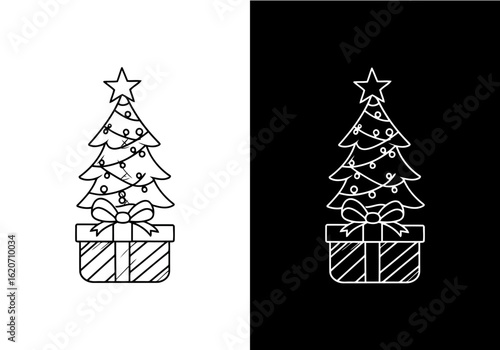 Vector art of christmas tree with lights and gift, outline drawing on black and white backgrounds