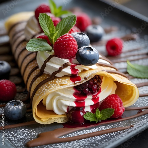 Berry-Topped Dessert Crepe with Chocolate and Mint
