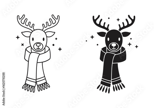 Vector art of cute reindeer wearing a scarf, isolated on white background
