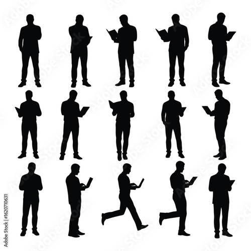 Art of collection of male silhouettes engaged in reading books, isolated on white background