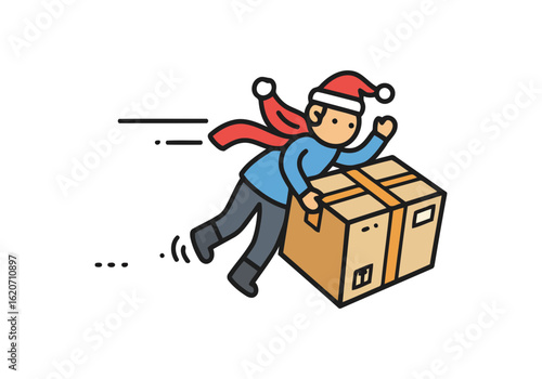 Vector art of person in santa hat delivering package quickly isolated on white background