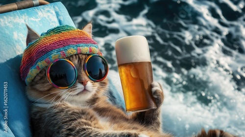 A cat in a colorful beach hat and round sunglasses, holding a tall beer, relaxing on a lounge chair while the waves crash on the shore.