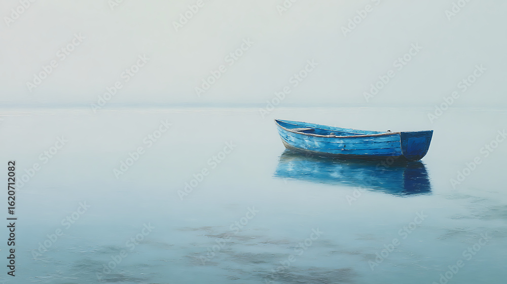 Naklejka premium A solitary blue wooden boat floats on calm tranquil waters under a hazy sky image