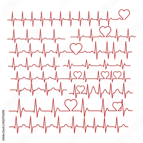 Art of heartbeat ekg lines with heart symbols representing life and health, isolated on a white background