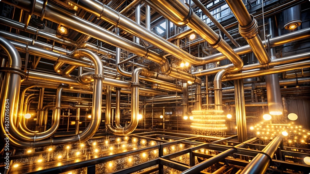 Fototapeta premium Vector art of complex industrial interior with shiny pipes and lights in a factory room