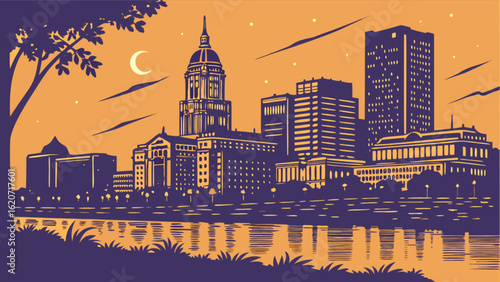 Stylized cityscape illustration of a state capital with a river in the foreground, showcasing a blend of modern and classic architecture under a moonlit sky