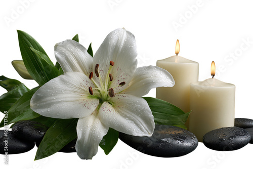 Photo of white lily blossom with smooth black stones and burning candles creating a peaceful spa atmosphere for relaxation and wellness isolated on transparent background