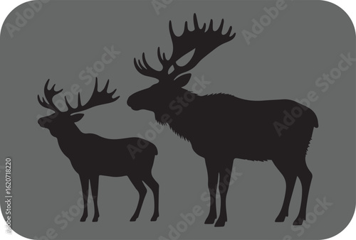 Majestic silhouette of a large bull moose and a smaller deer against a simple gray background evoking wilderness and nature