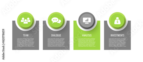 Horizontally arranged infographic elements. Four steps of the process business infographic layout with icons