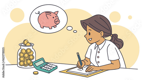 Illustration of a woman planning her finances, saving money in a piggy bank, and calculating her budget for future investments