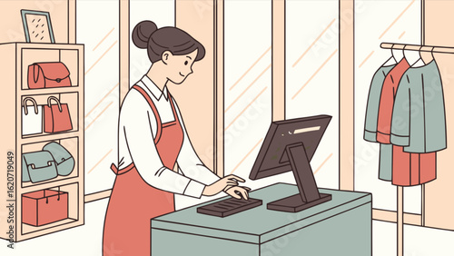 Illustration of a woman working as a cashier in a clothing store, serving customers and managing transactions at the counter