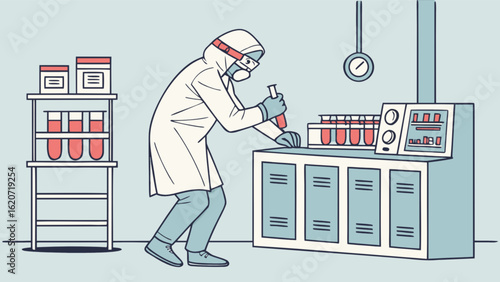 Illustration of a scientist working in a laboratory, wearing a protective suit and examining test tubes isolated on white background