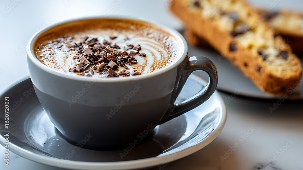 Fototapeta premium Aromatic coffee with chocolate shavings and biscotti saucer