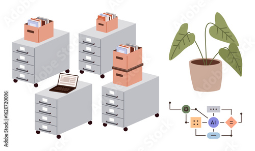 Filing cabinets with files, books, and laptop, a potted green plant, and a diagram of an AI workflow. Ideal for workspace setup, productivity, technology, planning minimalism creativity