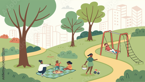 A vibrant illustration of a family enjoying a picnic in a city park with a playground, surrounded by trees and buildings, showcasing a happy and healthy lifestyle