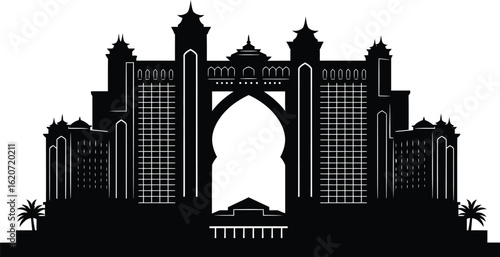 High-Definition Solid Black Silhouette of Atlantis, The Palm Exterior with Perfect Proportions and Sharp Edges black and white with white background flat vector miniimal 