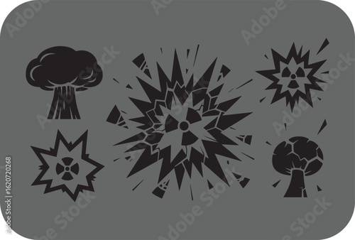 Collection of stylized black explosion icons including mushroom clouds starbursts and radioactive symbols on a grey background