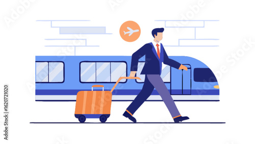 Businessman with luggage walking at train station for business trip, travel, or vacation isolated on white background
