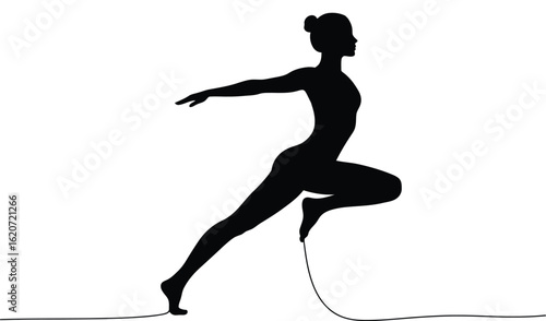 Minimalist black silhouette of a graceful woman in yoga pose, featuring elegant body flow, solid shape design on white background for wellness or fitness themes 
