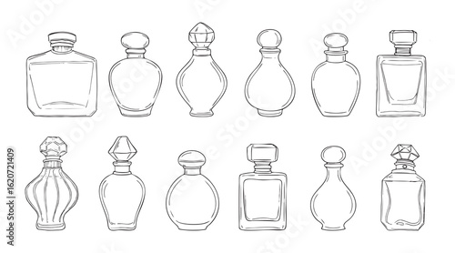 Elegant perfume bottle sketches in vintage style with clean black lines. Great for branding, packaging, cosmetic ads, or feminine product layouts.