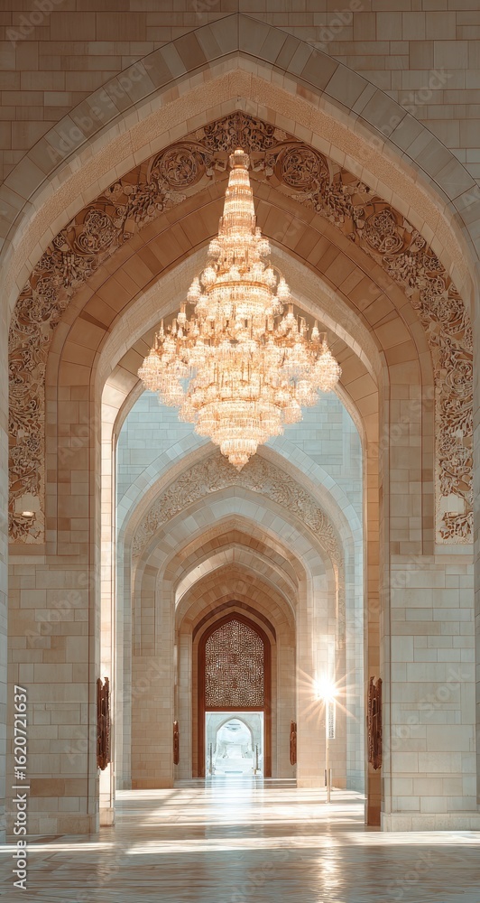 Obraz premium Grand mosque interior, arches and chandelier