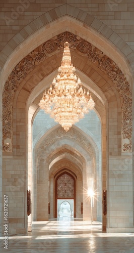 Grand mosque interior  arches and chandelier