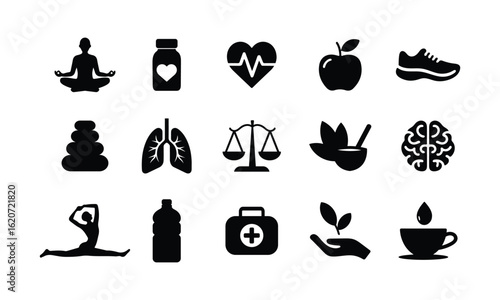 Wellness Icon Set for Health and Wellbeing.  The concept of a healthy lifestyle, proper nutrition,  physical and mental health. Vector illustration.