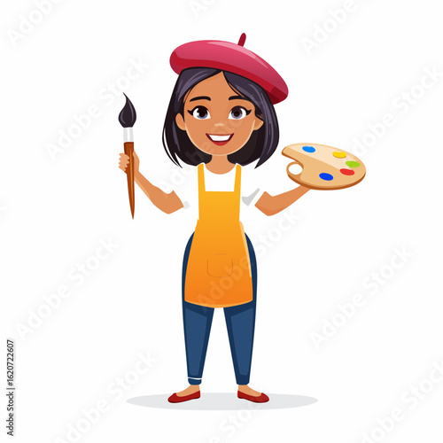 Artist at work: A vibrant illustration features an artistic young woman, poised and ready to create. With palette and brush in hand, she embodies creativity and artistic passion.